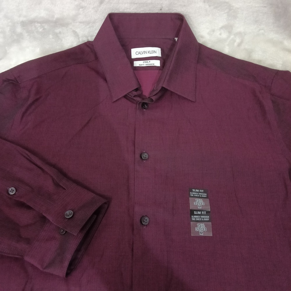 Calvin Klein Steel+ Slim Fit Herringbone Dress Shirt Bordeaux Purple 15.5 32/33